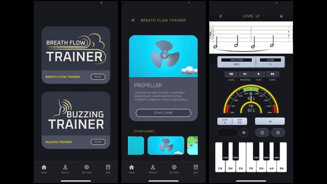 Brass Player Assistant breath-flow and buzzing trainer game