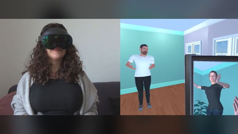 User wearing a VR headset in the REVISE, Revibe and PRACTICE projects at Circle Lab (UOC)